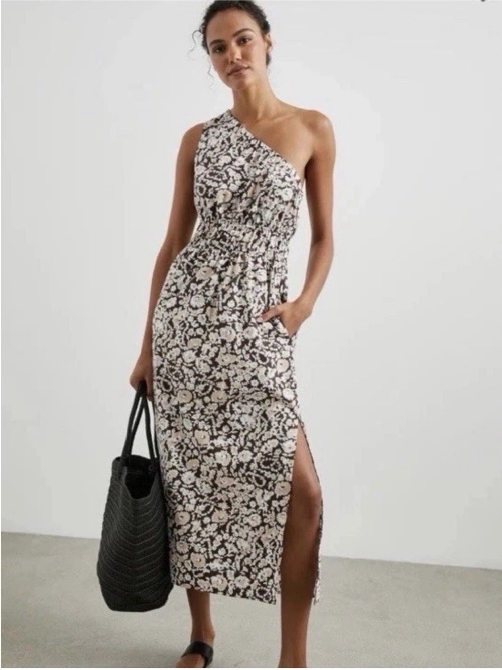Rails Selani Brown Russet Floral One Shoulder Smocked Midi Dress Small
